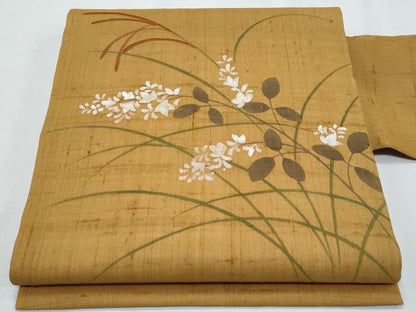 平和屋着物＊夏物　九寸名古屋帯　紬地　刺繍　枝花文　正絹　逸品　CABH8069fb
