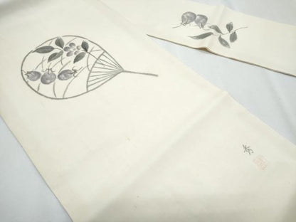 平和屋着物＊夏物　九寸名古屋帯　作家物　手描き　団扇枝花文　成り物　正絹　逸品　CABH8075fb