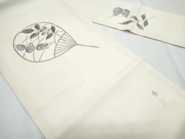 平和屋着物＊夏物　九寸名古屋帯　作家物　手描き　団扇枝花文　成り物　正絹　逸品　CABH8075fb