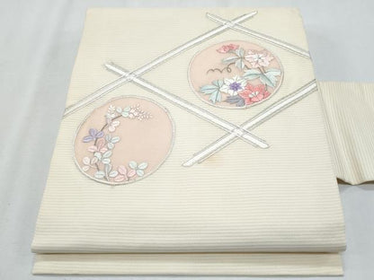 平和屋着物＊夏物　九寸名古屋帯　駒刺繍　花丸文　銀糸　正絹　逸品　CABH8096fb