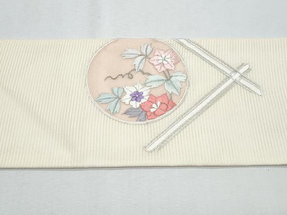 平和屋着物＊夏物　九寸名古屋帯　駒刺繍　花丸文　銀糸　正絹　逸品　CABH8096fb