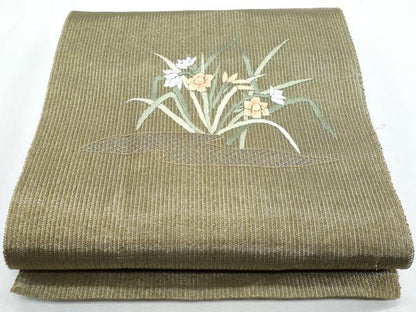 平和屋着物＊夏物　八寸名古屋帯　総刺繍　草花文　正絹　逸品　CABH8109fb