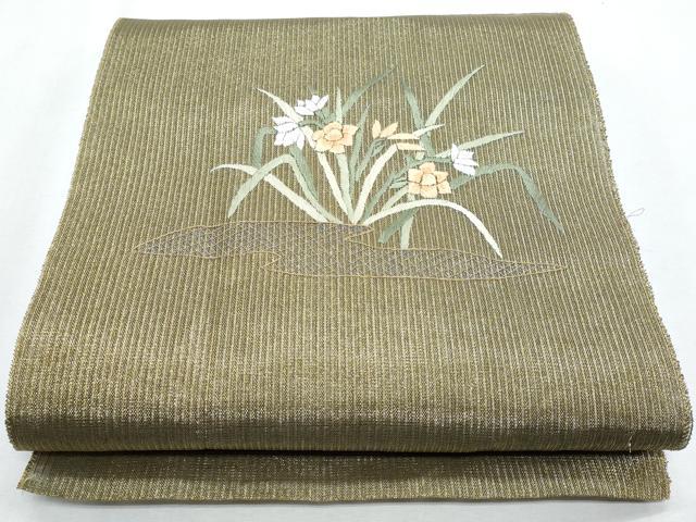 平和屋着物＊夏物　八寸名古屋帯　総刺繍　草花文　正絹　逸品　CABH8109fb