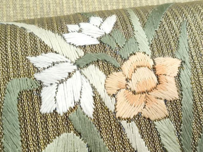 平和屋着物＊夏物　八寸名古屋帯　総刺繍　草花文　正絹　逸品　CABH8109fb