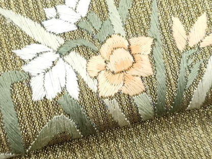 平和屋着物＊夏物　八寸名古屋帯　総刺繍　草花文　正絹　逸品　CABH8109fb