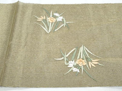 平和屋着物＊夏物　八寸名古屋帯　総刺繍　草花文　正絹　逸品　CABH8109fb