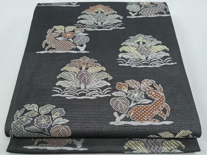 平和屋着物＊夏物　六通柄袋帯　名物裂　花兎　黒地　金銀糸　正絹　逸品　CABH8125fb