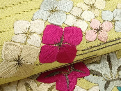 平和屋着物＊夏物　アンティーク　大正ロマン　九寸名古屋帯　総手刺繍　草花文　金糸　正絹　逸品　CABH8139fb
