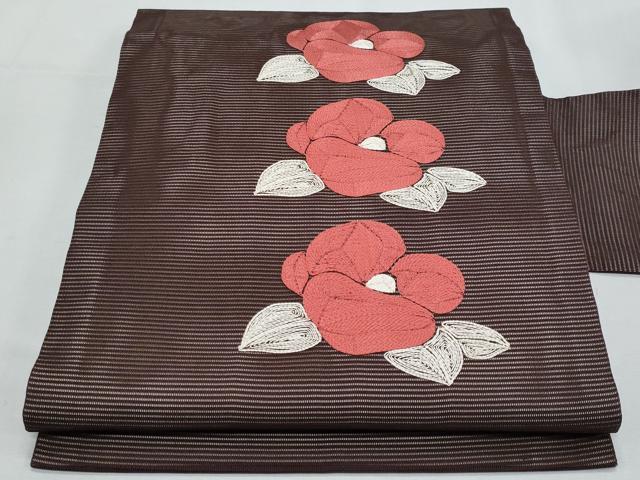 平和屋着物＊夏物 九寸名古屋帯 総刺繍 椿 正絹 逸品 CABH8180fb