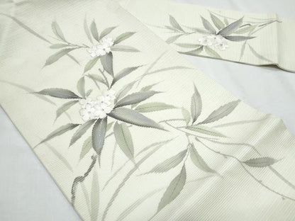 平和屋着物＊夏物 九寸名古屋帯 作家物 手描き 刺繍 草花文 銀彩 正絹 逸品 CABH8181fb
