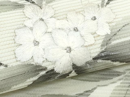 平和屋着物＊夏物 九寸名古屋帯 作家物 手描き 刺繍 草花文 銀彩 正絹 逸品 CABH8181fb