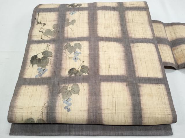 平和屋着物＊夏物　染色作家　桐山紫香　手描き　九寸名古屋帯　葡萄蔦の葉文　麻　逸品　CABH8188fb