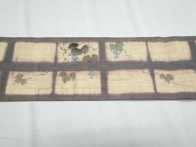 平和屋着物＊夏物　染色作家　桐山紫香　手描き　九寸名古屋帯　葡萄蔦の葉文　麻　逸品　CABH8188fb