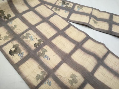 平和屋着物＊夏物　染色作家　桐山紫香　手描き　九寸名古屋帯　葡萄蔦の葉文　麻　逸品　CABH8188fb