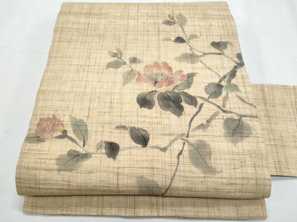 平和屋着物＊夏物　九寸名古屋帯　作家物　手描き　枝椿　麻　逸品　CABH8204fb
