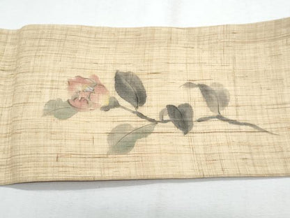 平和屋着物＊夏物　九寸名古屋帯　作家物　手描き　枝椿　麻　逸品　CABH8204fb