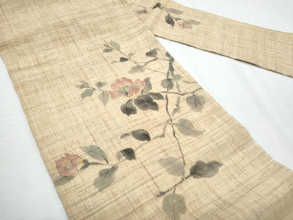 平和屋着物＊夏物　九寸名古屋帯　作家物　手描き　枝椿　麻　逸品　CABH8204fb