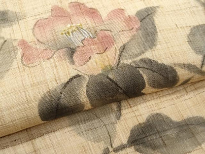 平和屋着物＊夏物　九寸名古屋帯　作家物　手描き　枝椿　麻　逸品　CABH8204fb
