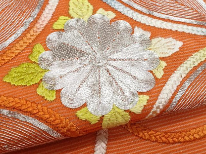 平和屋着物＊夏物　九寸名古屋帯　駒刺繍　七宝花文　銀糸　正絹　逸品　CABH8249fb