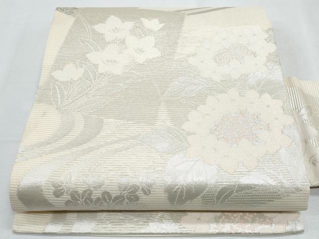 平和屋着物＊夏物　八寸名古屋帯　色紙秋草文　銀糸　正絹　逸品　CABH8258fb