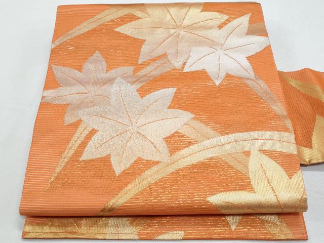 平和屋着物＊夏物　九寸名古屋帯　芝草楓文　金銀糸　正絹　逸品　CABH8259fb