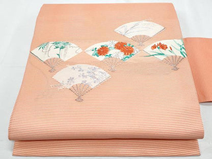 平和屋着物＊夏物　九寸名古屋帯　唐織　扇面花文　銀糸　正絹　逸品　CABH8260fb