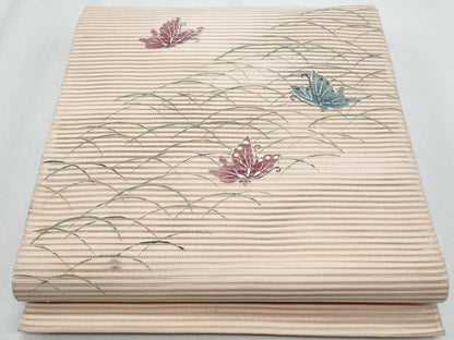 平和屋着物＊夏物　八寸名古屋帯　刺繍　絽綴れ　舞蝶草花文　正絹　逸品　CABH8278fb