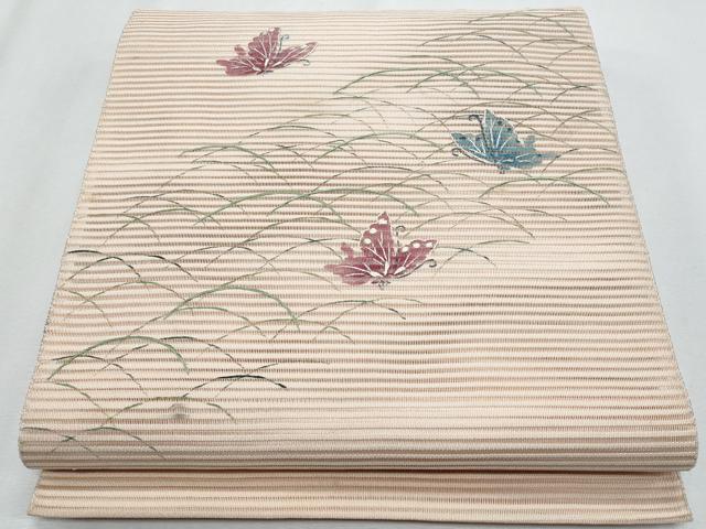 平和屋着物＊夏物　八寸名古屋帯　刺繍　絽綴れ　舞蝶草花文　正絹　逸品　CABH8278fb