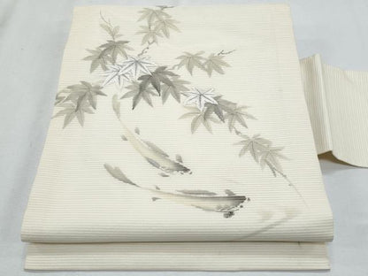 平和屋着物＊夏物　九寸名古屋帯　作家物　刺繍　魚　枝楓文　銀彩　正絹　逸品　CABH8297fb