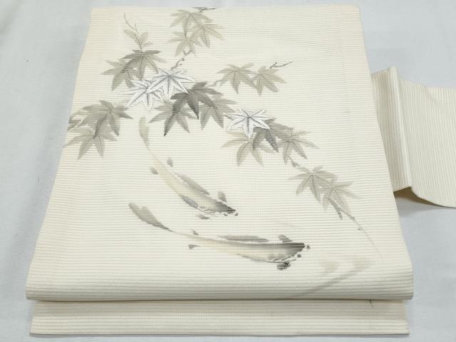 平和屋着物＊夏物　九寸名古屋帯　作家物　刺繍　魚　枝楓文　銀彩　正絹　逸品　CABH8297fb