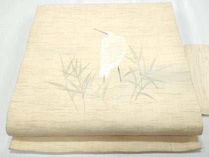 平和屋着物＊夏物　九寸名古屋帯　手描き　鷺　麻　逸品　CABH8315fb