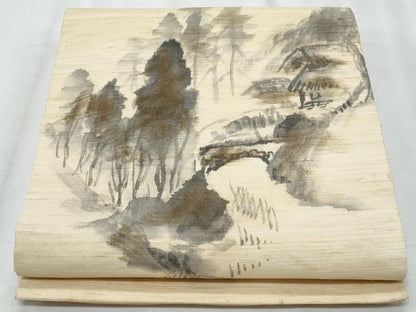 平和屋着物＊夏物　九寸開き名古屋帯　作家物　手描き　風景文　金彩　麻　逸品　CABH8325fb
