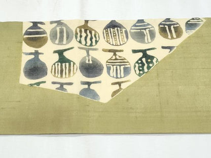 平和屋着物＊松煙染の第一人者　川島草苑　夏物　九寸名古屋帯　紬地　型絵染　成り物　正絹　逸品　CABH8332fb