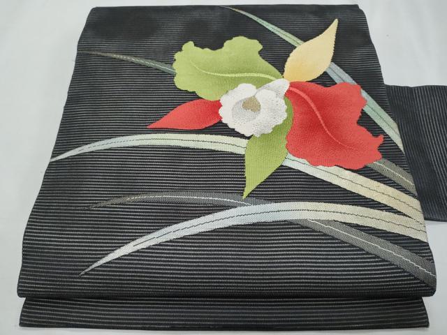 平和屋着物＊夏物　九寸名古屋帯　草花文　黒地　金銀糸　正絹　逸品　CABH8337fb