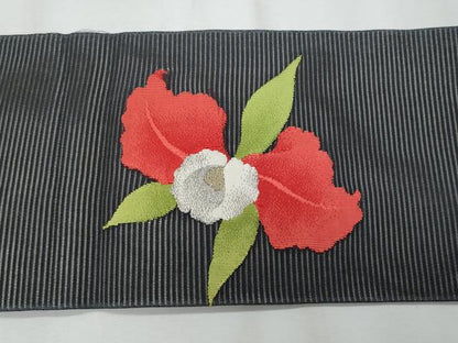 平和屋着物＊夏物　九寸名古屋帯　草花文　黒地　金銀糸　正絹　逸品　CABH8337fb