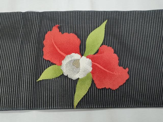 平和屋着物＊夏物　九寸名古屋帯　草花文　黒地　金銀糸　正絹　逸品　CABH8337fb