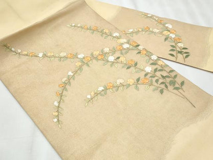 平和屋着物＊夏物　九寸名古屋帯　総刺繍　枝花文　金糸　正絹　逸品　CABH8352fb
