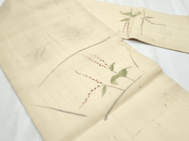 平和屋着物＊夏物　九寸名古屋帯　手描き　枝葉文　正絹　逸品　CABH8368fb