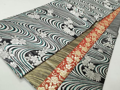 平和屋着物◎両面　六通柄袋帯　流水花散し文　金銀糸　正絹　逸品　CABH8454qe