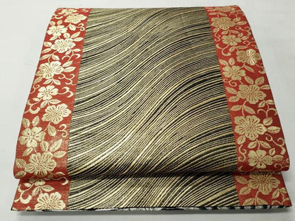 平和屋着物◎両面　六通柄袋帯　流水花散し文　金銀糸　正絹　逸品　CABH8454qe