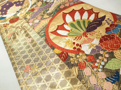 平和屋着物◎佐賀錦　六通柄袋帯　唐織　松藤蝶丸紋　金糸　正絹　逸品　CABH8456qe