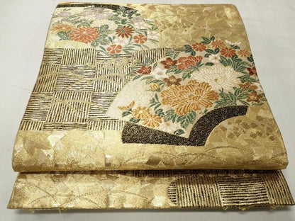 平和屋着物◎六通柄袋帯　地紙草花文　金糸　正絹　逸品　CABH8462qe