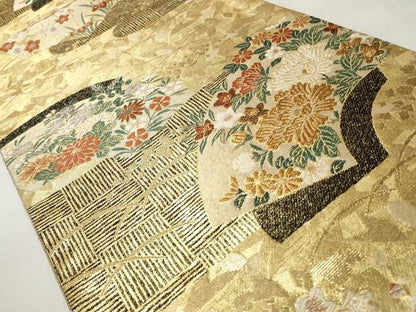 平和屋着物◎六通柄袋帯　地紙草花文　金糸　正絹　逸品　CABH8462qe