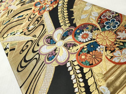 平和屋着物◎六通柄袋帯　唐織　草花文　黒地　金銀糸　正絹　逸品　CABH8481qe