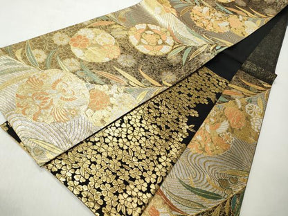 平和屋着物◎六通柄袋帯　向かい鳥花蝶丸文　金銀糸　正絹　逸品　CABH8483qe