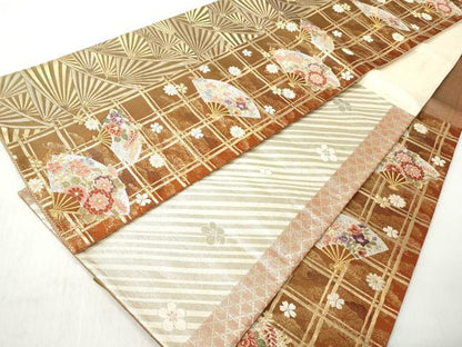 平和屋着物◎六通柄袋帯　格子扇面草花文　金糸　正絹　逸品　CABH8486qe