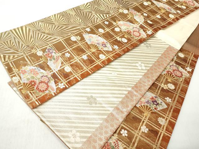 平和屋着物◎六通柄袋帯　格子扇面草花文　金糸　正絹　逸品　CABH8486qe