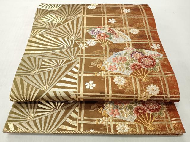 平和屋着物◎六通柄袋帯　格子扇面草花文　金糸　正絹　逸品　CABH8486qe