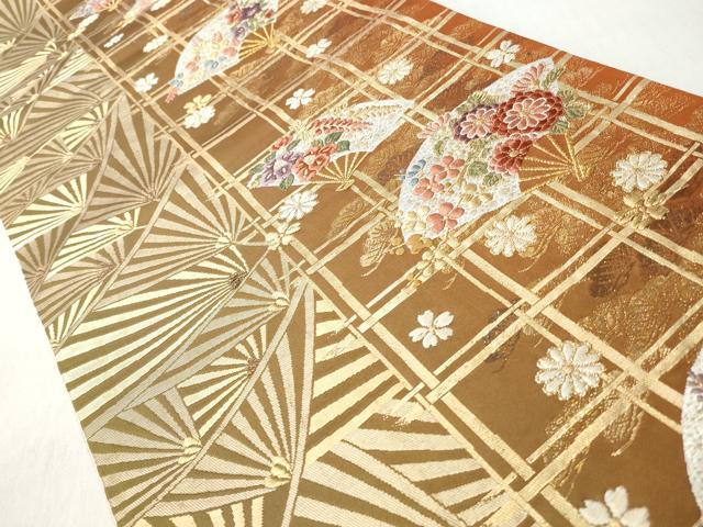 平和屋着物◎六通柄袋帯　格子扇面草花文　金糸　正絹　逸品　CABH8486qe