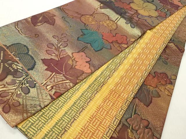 平和屋着物◎六通柄袋帯　ふくれ織　草花文　金糸　正絹　逸品　CABH8489qe
